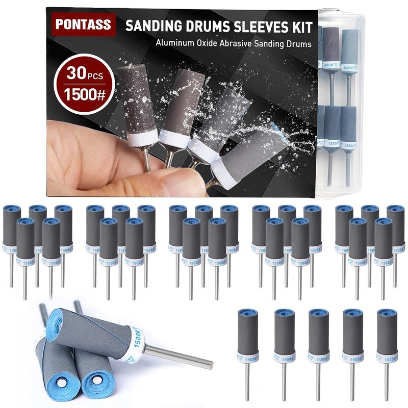 PONTASS 1500 Grit 30 Pcs Sanding Drums for Dremel Rotary Tools Accessories, Sanding Bits Kit for Dremel Sanding Bands with 1/8 inch Shank, Sandpaper Sticks Set for Plastic Wood Metal Grinding Polishing - Image 1